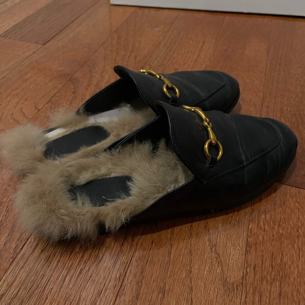 Black Leather Loafer with Fur Detailing